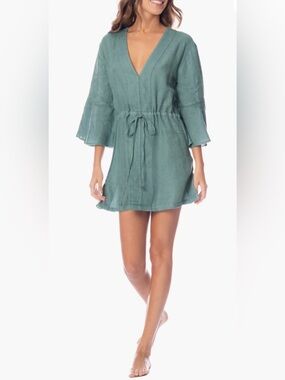 Maaji NWT 100% Linen Kaftan Mini Dress Beach Cover Up M Teal MSRP $107 Resort